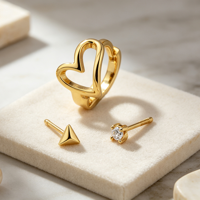 925 Sterling Silver Triangle Stud, Prong‑set CZ Stud and Hollow‑Heart Huggie Stack Earrings, 3‑pair
