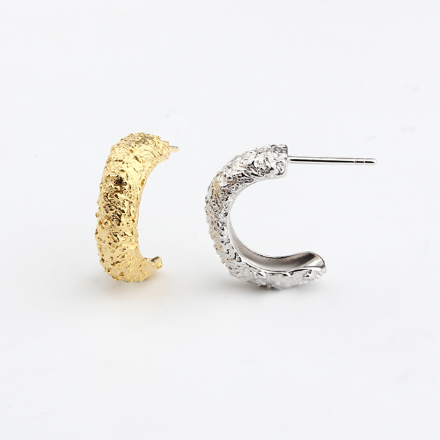 925 Sterling Silver C Shape Hammered Stud Earrings