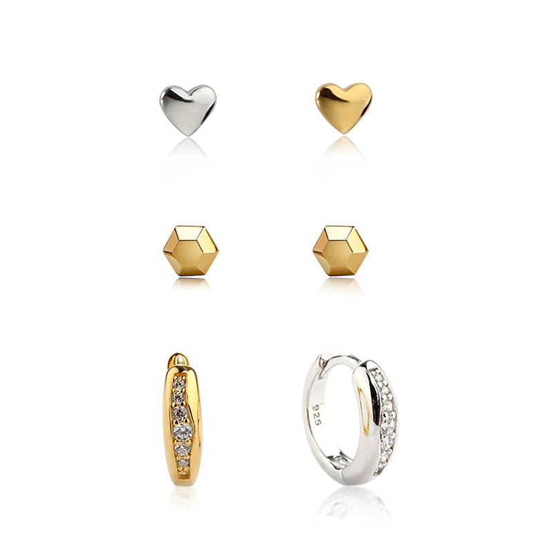 925 Sterling Silver Heart Hexagon Stud and CZ Huggie Stack Earrings, 3‑pair