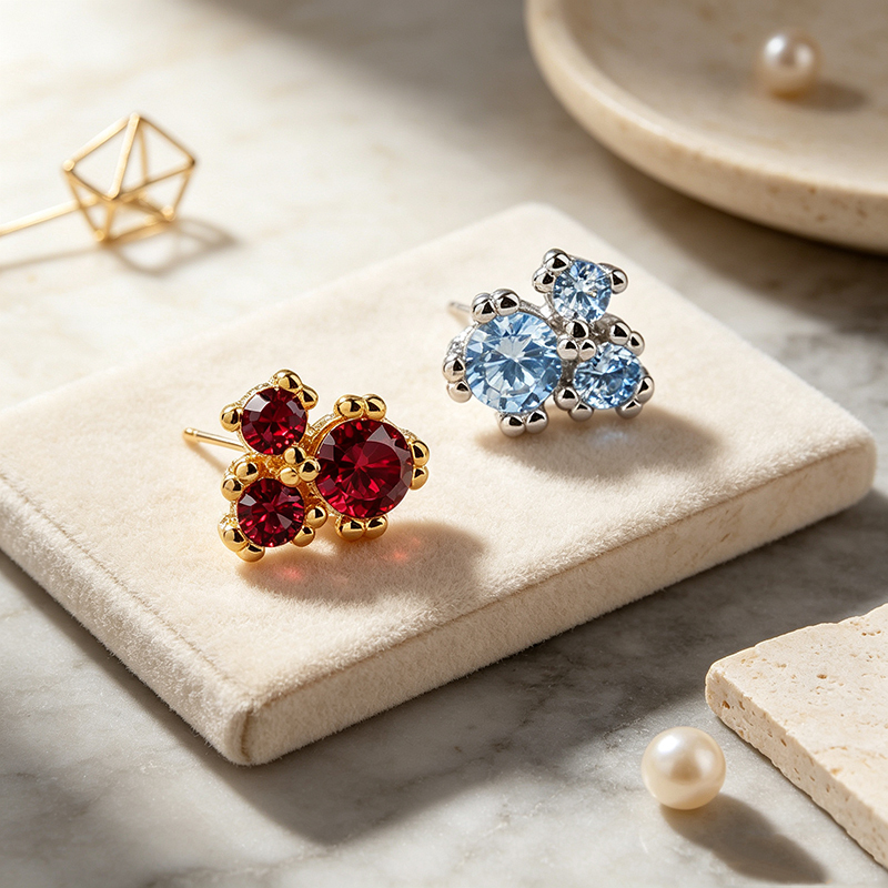 925 Sterling Silver Cluster Gem Stud and Paved‑CZ Huggie Stack Earrings, 3‑pair