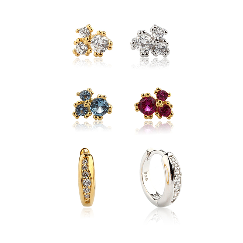 925 Sterling Silver Cluster Gem Stud and Paved‑CZ Huggie Stack Earrings, 3‑pair
