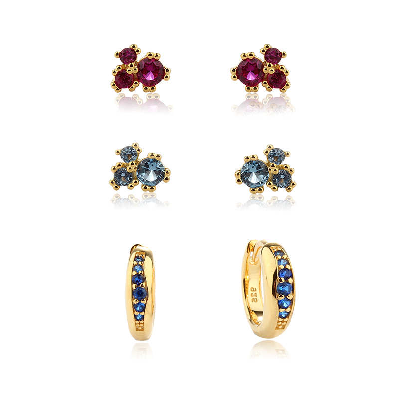 925 Sterling Silver Cluster Gem Stud and Paved‑CZ Huggie Stack Earrings, 3‑pair