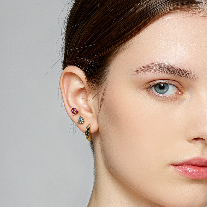925 Sterling Silver Cluster Gem Stud and Paved‑CZ Huggie Stack Earrings, 3‑pair