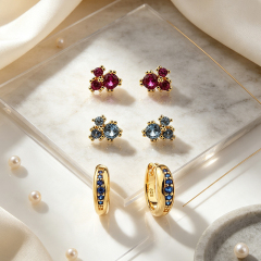 925 Sterling Silver Cluster Gem Stud and Paved‑CZ Huggie Stack Earrings, 3‑pair