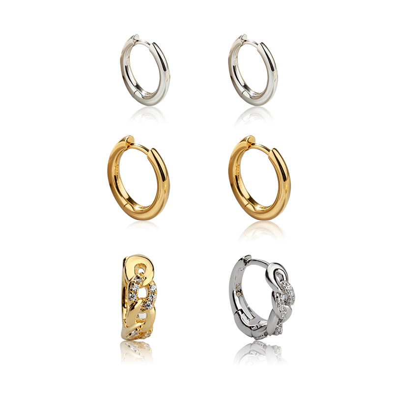 925 Sterling Silver Huggies and Chain‑Link CZ Huggie Stack Earrings, 3‑pair