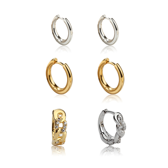 925 Sterling Silver Huggies and Chain‑Link CZ Huggie Stack Earrings, 3‑pair