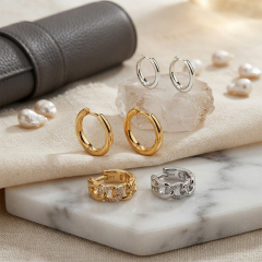 925 Sterling Silver Huggies and Chain‑Link CZ Huggie Stack Earrings, 3‑pair