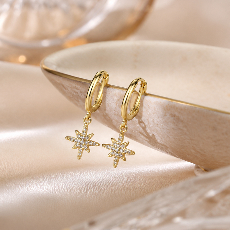 925 Sterling Silver Star Stud, Chain Drop Stud and North‑Star Huggie Stack Earrings, 3‑pair