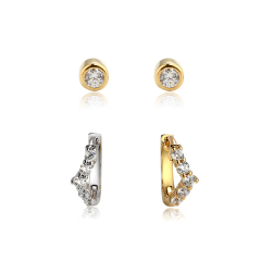 925 Sterling Silver Round CZ Stud and V‑Shape CZ Huggie Stack Earrings, 2‑pair