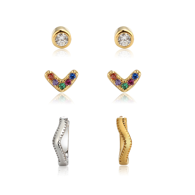 925 Sterling Silver Round CZ Stud, Rainbow V‑Shape Stud and Wavy Huggie Stack Earrings, 3‑pair