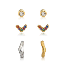 925 Sterling Silver Round CZ Stud, Rainbow V‑Shape Stud and Wavy Huggie Stack Earrings, 3‑pair