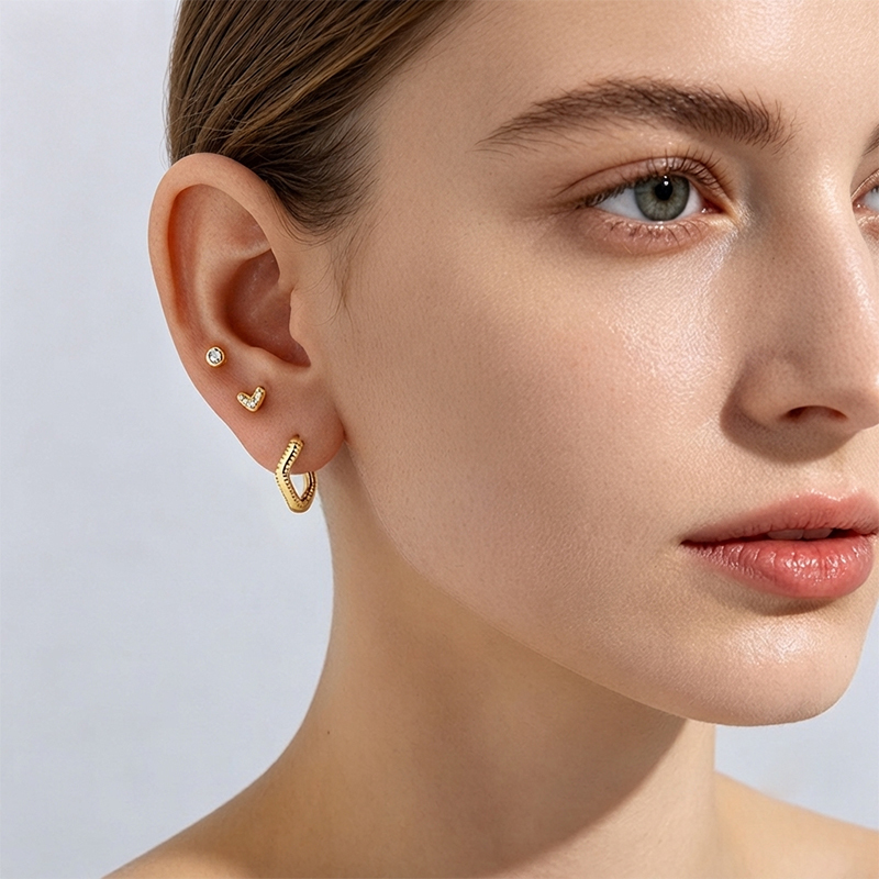 925 Sterling Silver Round CZ Stud, Rainbow V‑Shape Stud and Wavy Huggie Stack Earrings, 3‑pair