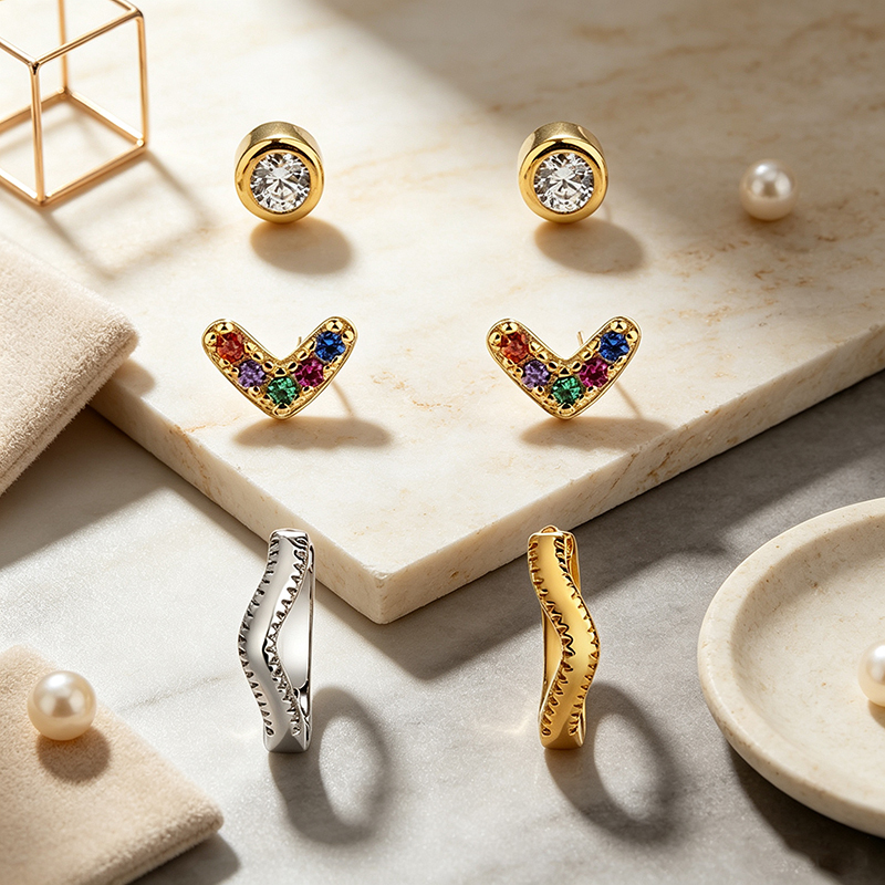 925 Sterling Silver Round CZ Stud, Rainbow V‑Shape Stud and Wavy Huggie Stack Earrings, 3‑pair