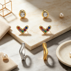 925 Sterling Silver Round CZ Stud, Rainbow V‑Shape Stud and Wavy Huggie Stack Earrings, 3‑pair
