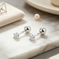 925 Sterling Silver Prong‑set CZ Stud and Flower‑Shaped CZ Stack Earrings, 2‑pair