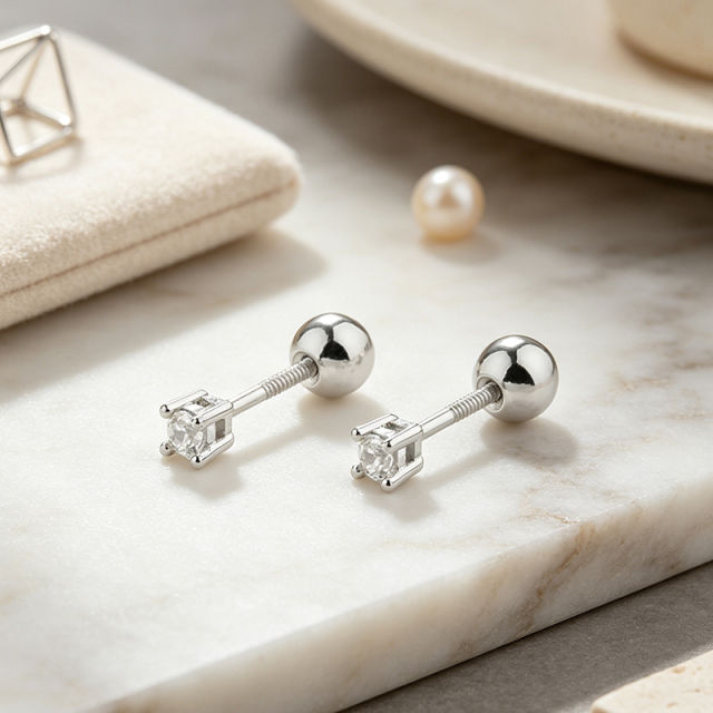 925 Sterling Silver Prong‑set CZ Stud and Flower‑Shaped CZ Stack Earrings, 2‑pair