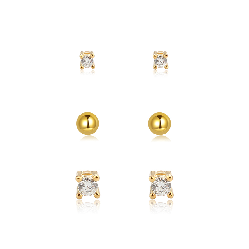 925 Sterling Silver CZ Stud and Smooth Ball Stack Earrings, 3‑pair