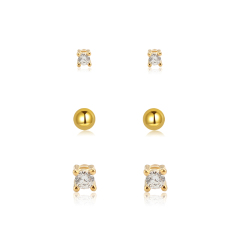 925 Sterling Silver CZ Stud and Smooth Ball Stack Earrings, 3‑pair
