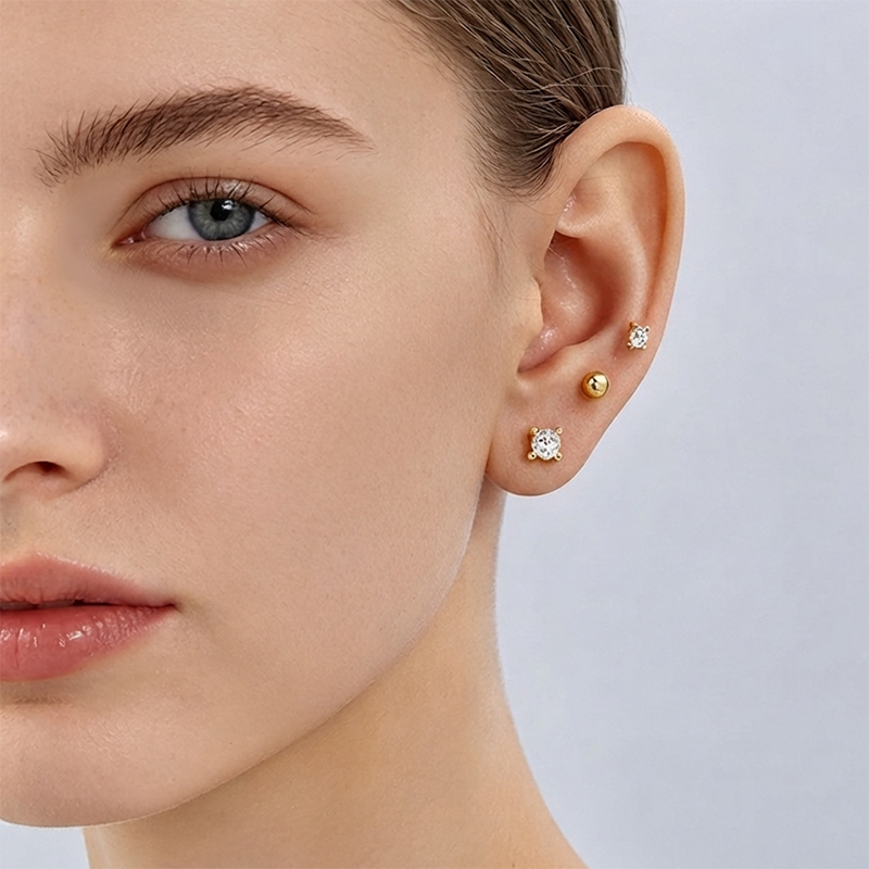 925 Sterling Silver CZ Stud and Smooth Ball Stack Earrings, 3‑pair