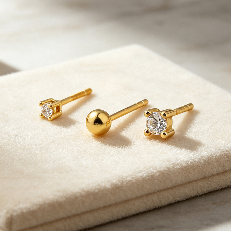 925 Sterling Silver CZ Stud and Smooth Ball Stack Earrings, 3‑pair