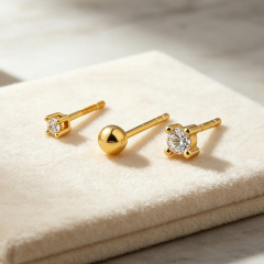 925 Sterling Silver CZ Stud and Smooth Ball Stack Earrings, 3‑pair