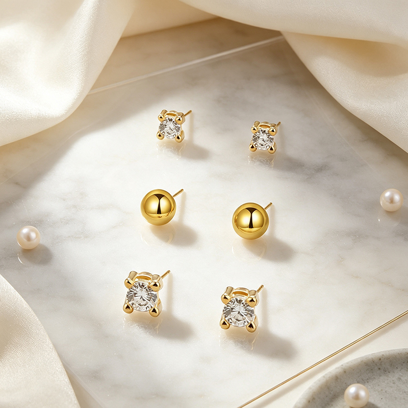 925 Sterling Silver CZ Stud and Smooth Ball Stack Earrings, 3‑pair