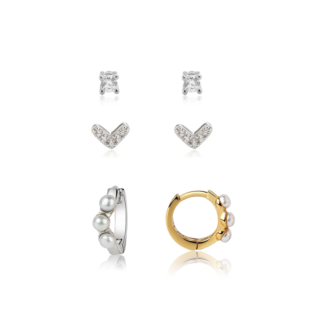 925 Sterling Silver CZ Stud, V‑Shape Stud and Pearl Huggie Stack Earrings, 3‑pair