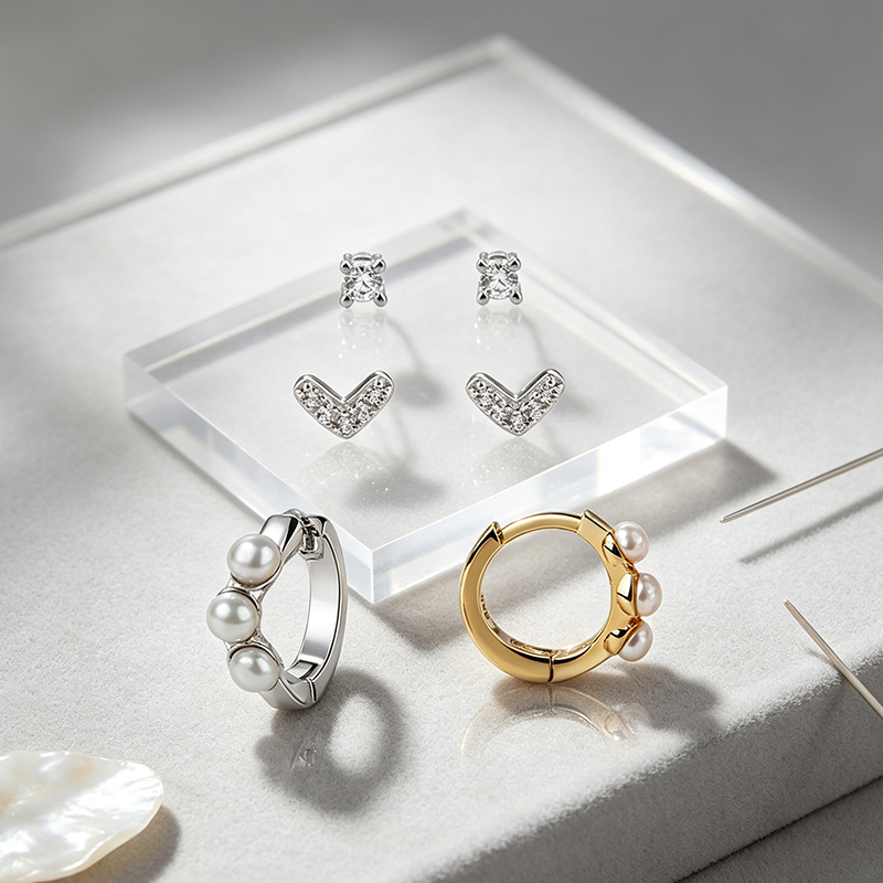 925 Sterling Silver CZ Stud, V‑Shape Stud and Pearl Huggie Stack Earrings, 3‑pair
