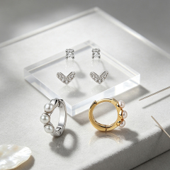 925 Sterling Silver CZ Stud, V‑Shape Stud and Pearl Huggie Stack Earrings, 3‑pair
