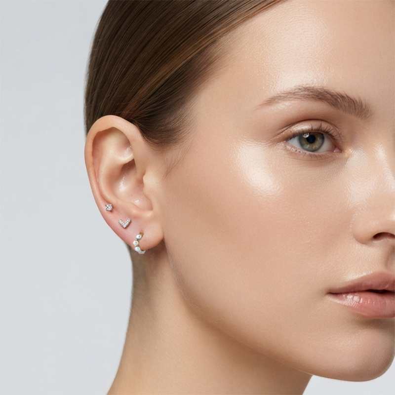 925 Sterling Silver CZ Stud, V‑Shape Stud and Pearl Huggie Stack Earrings, 3‑pair