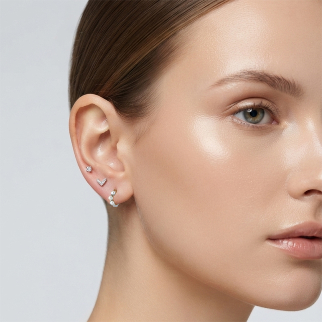 925 Sterling Silver CZ Stud, V‑Shape Stud and Pearl Huggie Stack Earrings, 3‑pair
