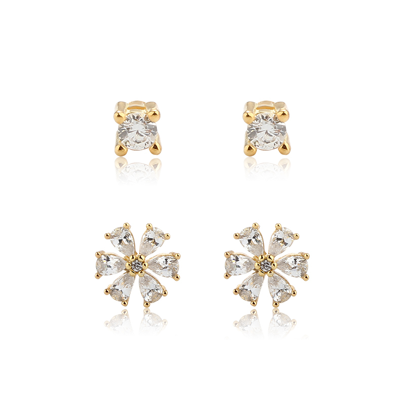 925 Sterling Silver Prong‑set CZ Stud and Flower‑Shaped CZ Stack Earrings, 2‑pair