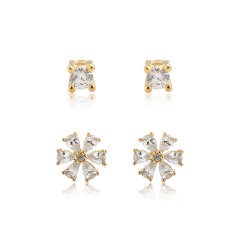 925 Sterling Silver Prong‑set CZ Stud and Flower‑Shaped CZ Stack Earrings, 2‑pair