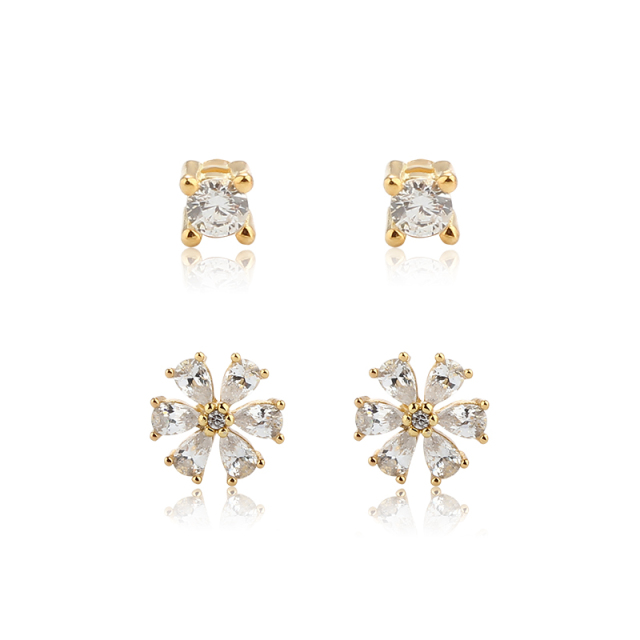 925 Sterling Silver Prong‑set CZ Stud and Flower‑Shaped CZ Stack Earrings, 2‑pair