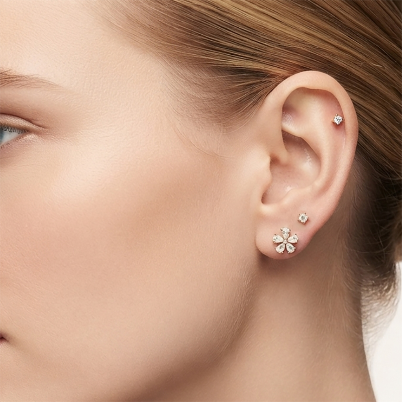 925 Sterling Silver Prong‑set CZ Stud and Flower‑Shaped CZ Stack Earrings, 2‑pair