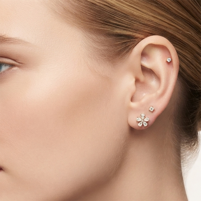 925 Sterling Silver Prong‑set CZ Stud and Flower‑Shaped CZ Stack Earrings, 2‑pair