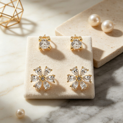 925 Sterling Silver Prong‑set CZ Stud and Flower‑Shaped CZ Stack Earrings, 2‑pair