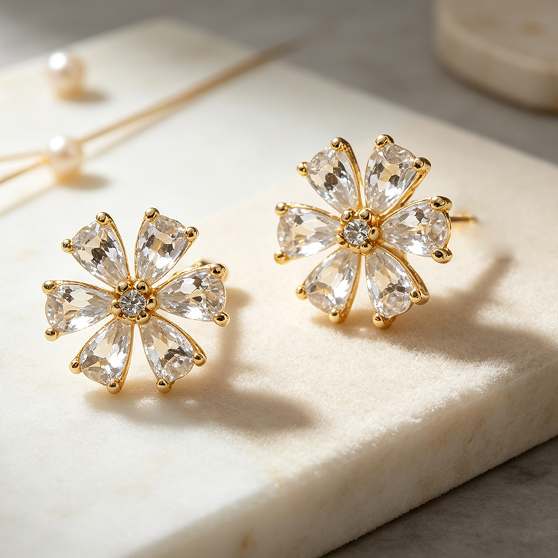 925 Sterling Silver Prong‑set CZ Stud and Flower‑Shaped CZ Stack Earrings, 2‑pair