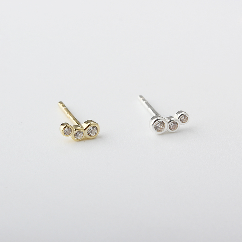 925 Sterling Silver Three‑Stone Bezel CZ Stud Earrings