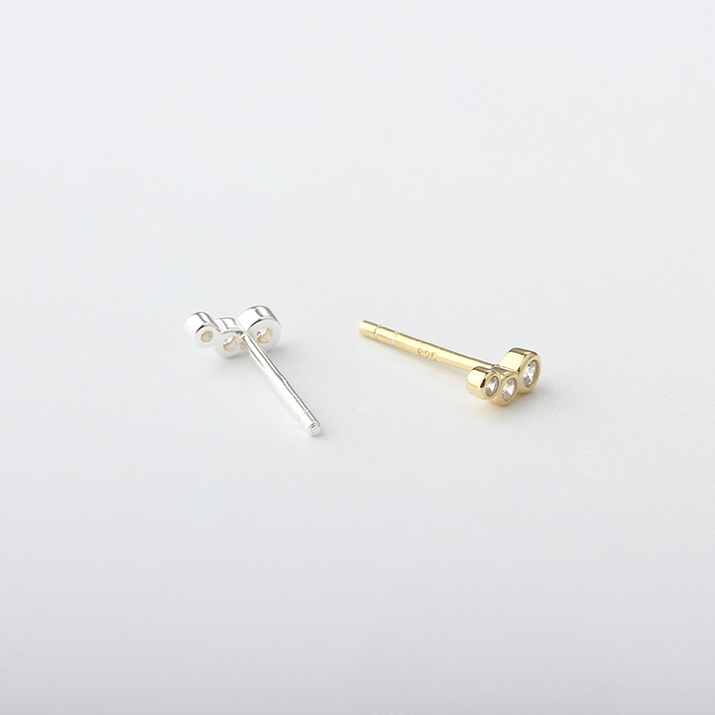 925 Sterling Silver Three‑Stone Bezel CZ Stud Earrings