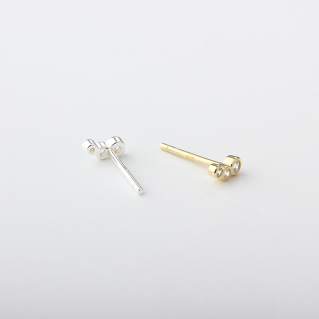 925 Sterling Silver Three‑Stone Bezel CZ Stud Earrings