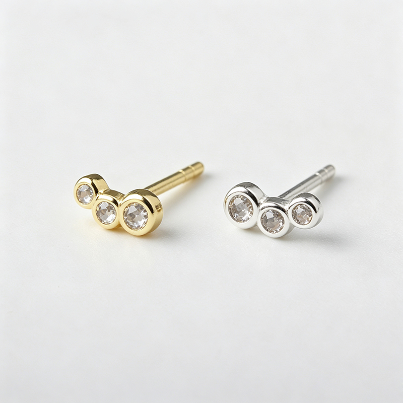 925 Sterling Silver Three‑Stone Bezel CZ Stud Earrings