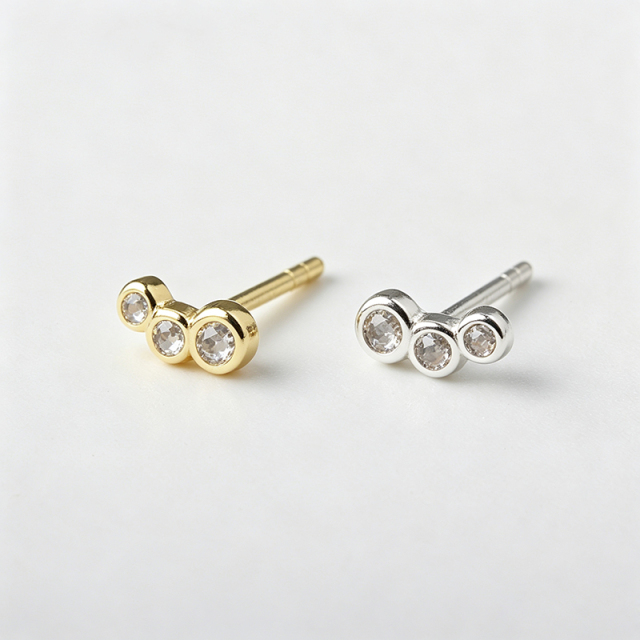 925 Sterling Silver Three‑Stone Bezel CZ Stud Earrings