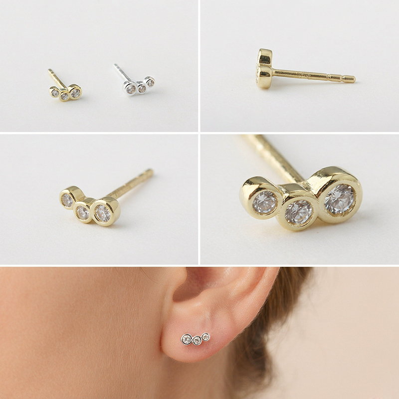 925 Sterling Silver Three‑Stone Bezel CZ Stud Earrings