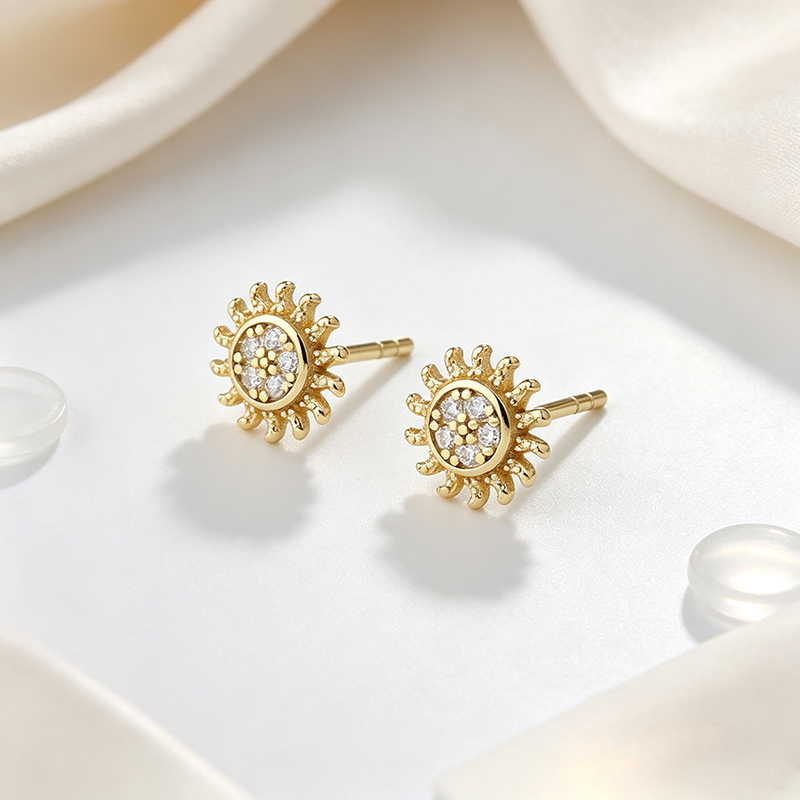 925 Sterling Silver Sun Shape CZ Stud Earrings