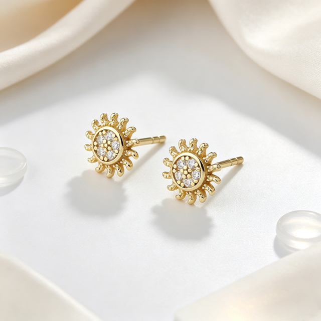 925 Sterling Silver Sun Shape CZ Stud Earrings