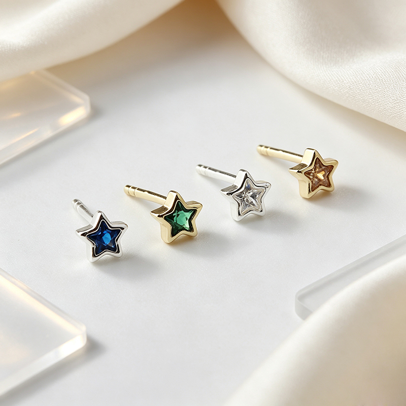 925 Sterling Silver Star Bezel CZ Stud Earrings