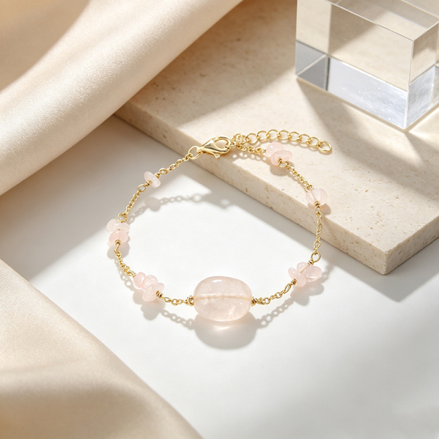 14K Gold Filled Natural Rose Quartz Chain Bracelet