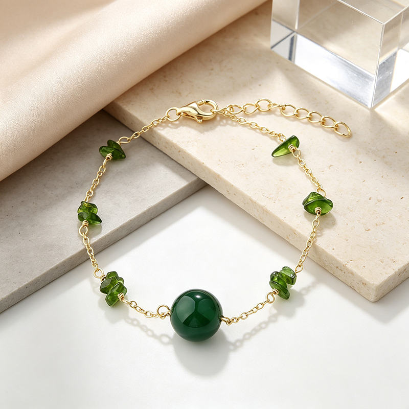 14K Gold Filled Diopside & Green Agate Chain Bracelet