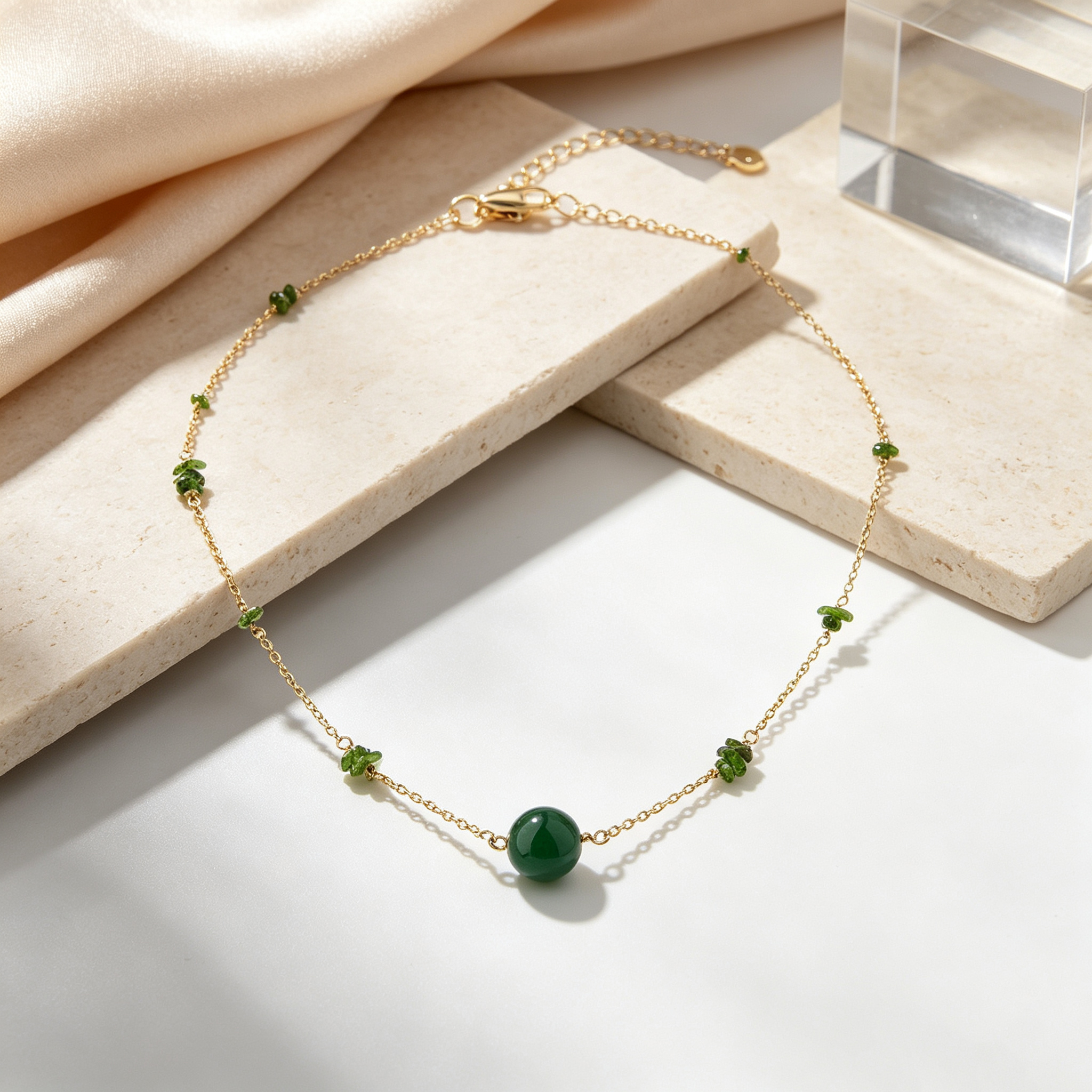 14K Gold Filled Diopside & Green Agate Station Necklace